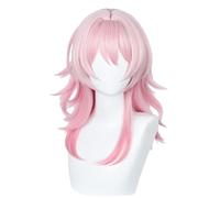 Women Costume Wig for Rail March 7th Pink Cosplay Hair with Bangs Long Curly Fluffy Wig for Halloween