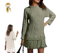 Women Crewneck Cable Knit Sweater Mini Dress,Long Sleeve Pleated Twofer Style Patchwork Dress,Fall Causal Solid Color Tops (IT, Testo, 3XL, Regular, Regular, Green)