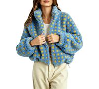 Women Cropped Fleece Jacket Checkered Zip Up Sherpa Stand Collar Outerwear (Blue,S)