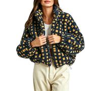 Women Cropped Fleece Jacket Checkered Zip Up Sherpa Stand Collar Outerwear (Dark Blue,L)