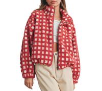 Women Cropped Fleece Jacket Checkered Zip Up Sherpa Stand Collar Outerwear (Red,M)
