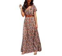 Women' Daily Slim Dress Long Sleeveless Cold Shoulder Solid & Print Split Hem Drawstring Casual(Brown,XXL)