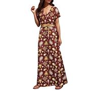Women' Daily Slim Dress Long Sleeveless Cold Shoulder Solid & Print Split Hem Drawstring Casual(Wine Red,XXL)
