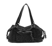 Women Denim Large Boston Shoulder Tote Handbag Vintage Washed Bag | Multi-Pocket Front Zipper Metal Rivet Accents Side Buckle Straps Dual Carry Handles Travel Commuter