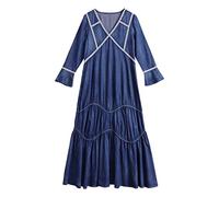 Women Denim Vintage Dresses V-Neck Butterfly Sleeve Patchwork Blue Casual A-Line Female Dresses (Color : Blue Size : S Code) (Blue M Code)