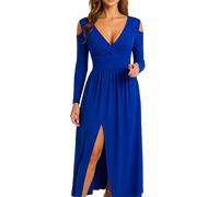 Women Elegant Long Sleeve V Neck Maxi Dress Solid Color High Slit Evening Gown Flowy Wrap Cocktail Party Formal Dress with Cold Shoulder Detail
