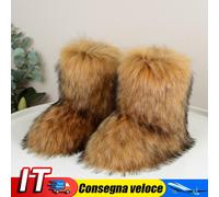 Women Faux Fur Boots Fuzzy Fluffy Winter Boots Outdoor Flat Shoes (Brown 38) IT