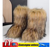 Women Faux Fur Boots Fuzzy Fluffy Winter Boots Outdoor Flat Shoes (Brown 40) IT