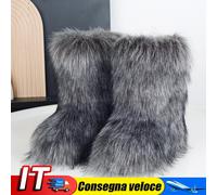 Women Faux Fur Boots Fuzzy Fluffy Winter Boots Outdoor Flat Shoes(Light Grey 44)