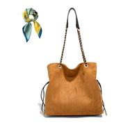 Women Faux Suede Slouchy Tote with Chain Strap,Retro Large Brown Shoulder Bags,Drawstring Fall Purse Crossbody Bag (Brown)