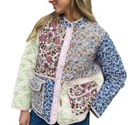 Women Floral Cropped Quilted Jacket,Open Front Button Down Patchwork Padded Jacket,Lightweight Coat Cardigan