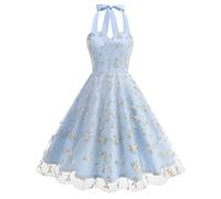 Women Halter Tie Neck Sleeveless Tulle Prom Dress Vintage Embroidered Floral Cocktail Party Homecoming Swing Dresses (Blue,L)
