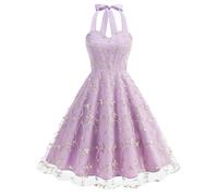 Women Halter Tie Neck Sleeveless Tulle Prom Dress Vintage Embroidered Floral Cocktail Party Homecoming Swing Dresses (Purple,S)