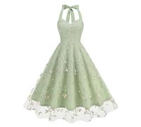 Women Halter Tie Neck Sleeveless Tulle Prom Dress Vintage Embroidered Floral Cocktail Party Homecoming Swing Dresses (Green,XL)