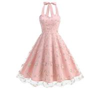 Women Halter Tie Neck Sleeveless Tulle Prom Dress Vintage Embroidered Floral Cocktail Party Homecoming Swing Dresses (Pink,M)