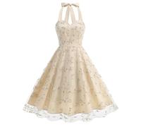 Women Halter Tie Neck Sleeveless Tulle Prom Dress Vintage Embroidered Floral Cocktail Party Homecoming Swing Dresses (Apricot,M)