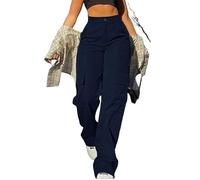 Women High Waisted Wide Leg Cargo Pants,Baggy Y2K Stretchy Casual Trousers Streetwear Fashion Trendy Travel Outfits (Navy,XL)