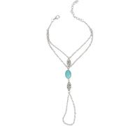 Women Hollow Carved Flower Faux Turquoise Harness Hand Chain Ring Link Bracelet - Silver Nice processing