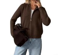 Women Knitted Zip Jacket Stand Collar Free Size Warm(Coffee) | Full front zipper, stand-up collar design, free size fit, warm knit texture, solid color options