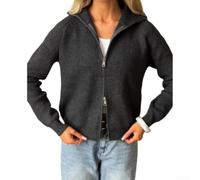 Women Knitted Zip Jacket Stand Collar Free Size Warm(Dark Gray) | Full front zipper, stand-up collar design, free size fit, warm knit texture, solid color options