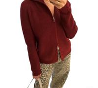 Women Knitted Zip Jacket Stand Collar Free Size Warm(Red) | Full front zipper, stand-up collar design, free size fit, warm knit texture, solid color options