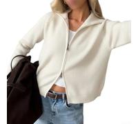 Women Knitted Zip Jacket Stand Collar Free Size Warm(White) | Full front zipper, stand-up collar design, free size fit, warm knit texture, solid color options