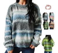 Women Oversized Fuzzy Gradient Striped Crew Neck Knit Pullover Sweater