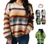 Women Oversized Fuzzy Gradient Striped Crew Neck Knit Pullover Sweater