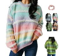 Women Oversized Fuzzy Gradient Striped Crew Neck Knit Pullover Sweater