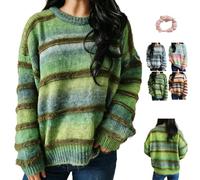 Women Oversized Fuzzy Gradient Striped Crew Neck Knit Pullover Sweater