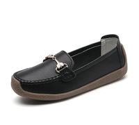Women Penny Loafers Leather Low Heel Classic Handsewn Round Toe Slip On Casual Comfort Walking Office Work Fashion Driving Moccasins (Black,40)
