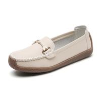 Women Penny Loafers Leather Low Heel Classic Handsewn Round Toe Slip On Casual Comfort Walking Office Work Fashion Driving Moccasins (Beige,37)