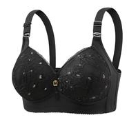 Women Plus Size Bra Embroidered Lace Jacquard Ruched Side Chest Accessory Sexy Back, Black, 10(Beige,14)