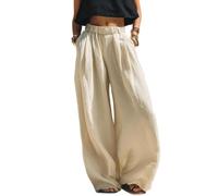Women Pull On Pants with Pockets Elastic Waist Wide Leg Pants (Beige,L)