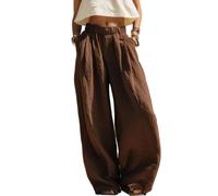 Women Pull On Pants with Pockets Elastic Waist Wide Leg Pants (Coffee,S)