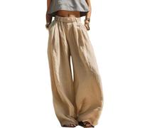 Women Pull On Pants with Pockets Elastic Waist Wide Leg Pants (Khaki,3XL)