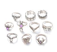 Women Ring Retro Silver Crystal Stackable Jewelry Dressing Accessory Gift Set Of 10Pcs . Convenient and nice