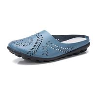 Women’s Hollow out Slip-On Flats, Breathable Lightweight Soft Sole Leather Loafers, Comfortable Casual Backless Mules (Blue,43)