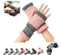 Women’s Knitted Fingerless Gloves with Cute Cat Embroidery,Cat Embroidery Splicing Knitted Gloves,Thick Warm Winter Mitten (Pink)