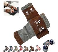 Women’s Knitted Fingerless Gloves with Cute Cat Embroidery,Cat Embroidery Splicing Knitted Gloves,Thick Warm Winter Mitten (Coffee)