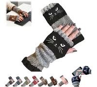 Women’s Knitted Fingerless Gloves with Cute Cat Embroidery,Cat Embroidery Splicing Knitted Gloves,Thick Warm Winter Mitten (Black)