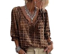Women‘s Polka Dot Blouse - Lace Up V Neck 3/4 Sleeve Flowy Top (Brown,M)