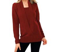 Women’S Solid Color Pullover Cropped Knitted Cozy V Neck Fake Two-Piece Crop Sweater, Suitable for Winter (Red,3XL)