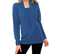 Women’S Solid Color Pullover Cropped Knitted Cozy V Neck Fake Two-Piece Crop Sweater, Suitable for Winter (Blue,3XL)