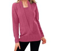 Women’S Solid Color Pullover Cropped Knitted Cozy V Neck Fake Two-Piece Crop Sweater, Suitable for Winter (Pink,L)