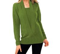 Women’S Solid Color Pullover Cropped Knitted Cozy V Neck Fake Two-Piece Crop Sweater, Suitable for Winter (Green,L)