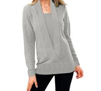 Women’S Solid Color Pullover Cropped Knitted Cozy V Neck Fake Two-Piece Crop Sweater, Suitable for Winter (Gray,L)