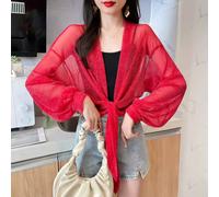 Women Shiny Mesh Bolero Shrug Cardigan Top Sheer Tie Up Open Front Long Sleeve