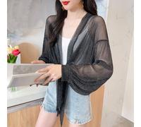 Women Shiny Mesh Bolero Shrug Cardigan Top Sheer Tie Up Open Front Long Sleeve