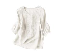 Women Short Sleeve Blouse Solid Colour Crewneck Loose Fit Summer Cotton Linen Shirts Casual Tops Ladies Holiday Vintage Tees I-185